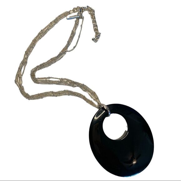 Vintage Silver Tone Multi Stand Necklace with Black Acrylic Pendant - Picture 1 of 4